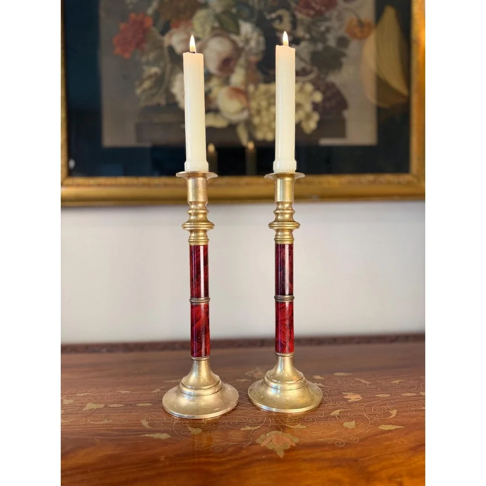 Vintage Brass Candlestick Pair • Red Faux Marble Enamel Column Candle Holders